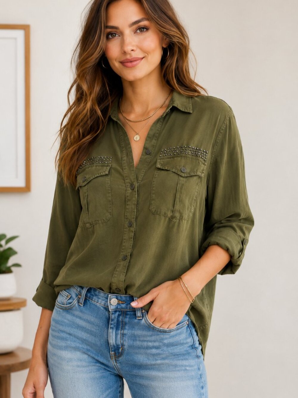 PAIGE Olive Green Studded Utility Button Down Shirt TENCEL Lyocell Size M